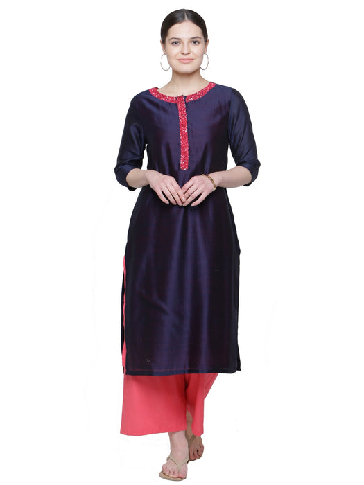 BLUE SEQUINNED PLACKET KURTA