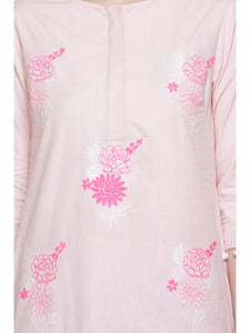 SOLD OUT- PEACH FLORAL EMBROIDERED KURTA WITH POM POM DETAILS