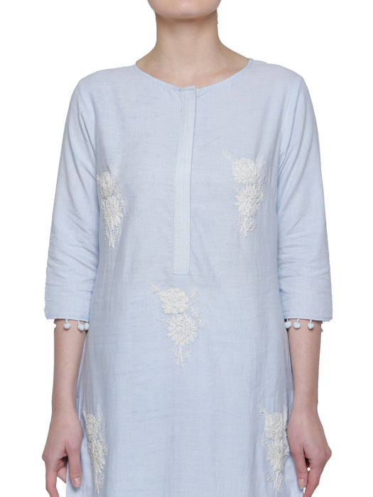 SOLD OUT- PASTEL BLUE KURTA COTTON EMBROIDERED WITH POM-POM DETAILS