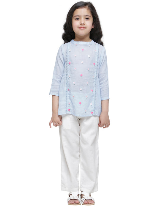 ICE BLUE MULMUL FLORAL EMBROIDERED GATHERED TOP- KIDS