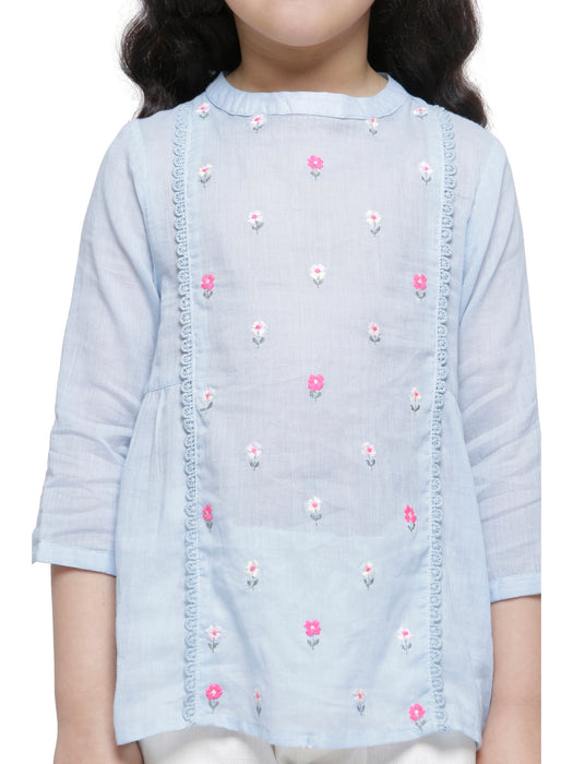 ICE BLUE MULMUL FLORAL EMBROIDERED GATHERED TOP- KIDS