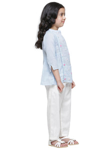 ICE BLUE MULMUL FLORAL EMBROIDERED GATHERED TOP- KIDS
