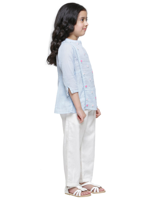 ICE BLUE MULMUL FLORAL EMBROIDERED GATHERED TOP- KIDS