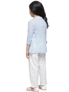 ICE BLUE MULMUL FLORAL EMBROIDERED GATHERED TOP- KIDS