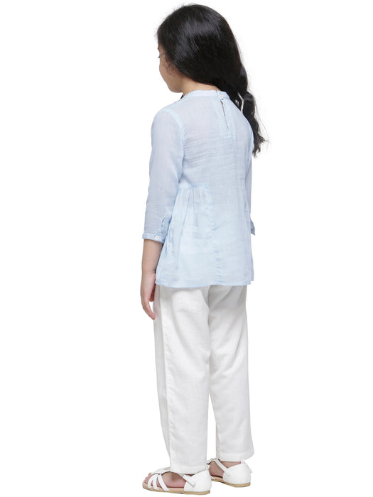 ICE BLUE MULMUL FLORAL EMBROIDERED GATHERED TOP- KIDS
