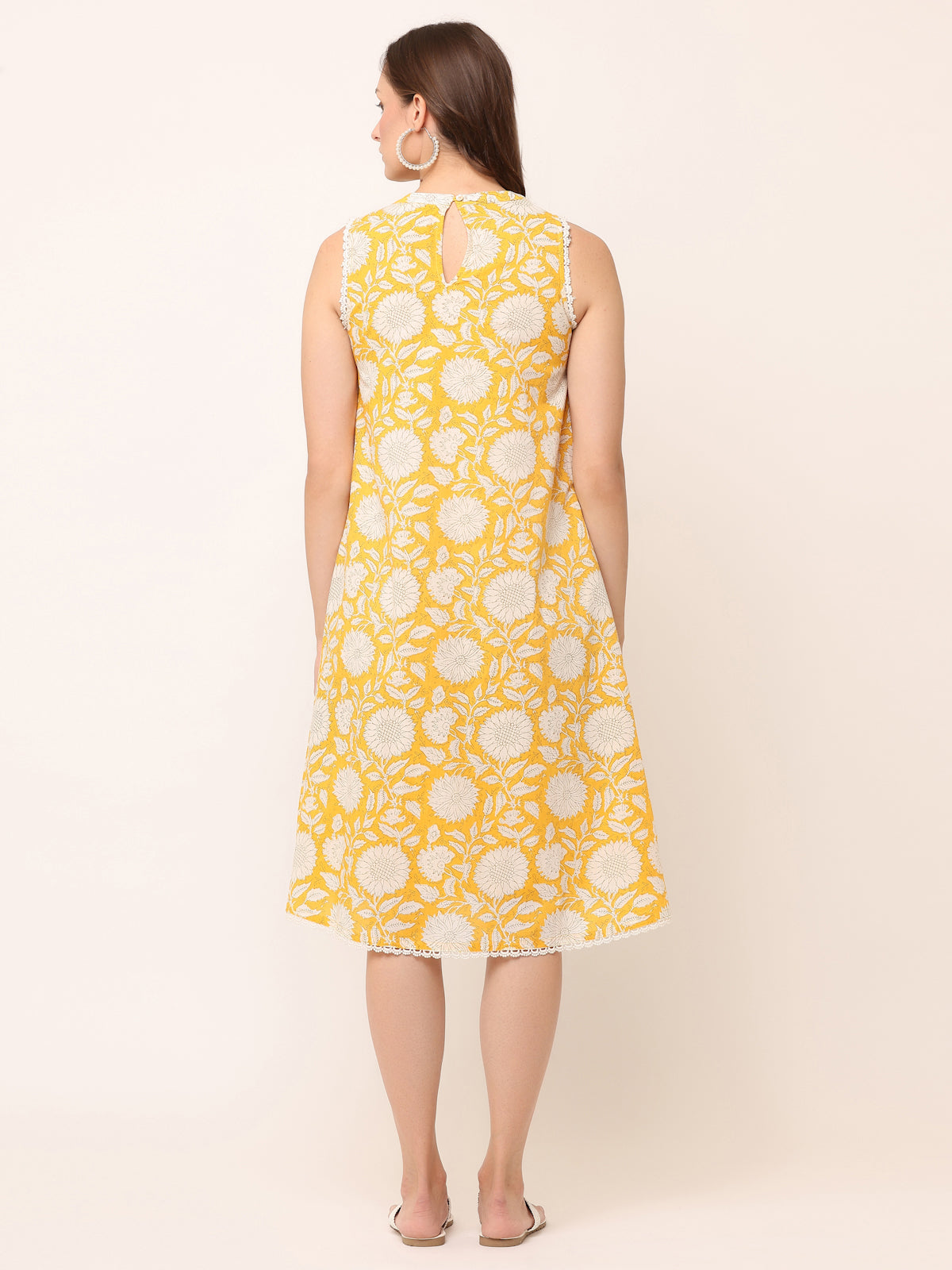 Yellow Hand block Printed Sleeveless Dress