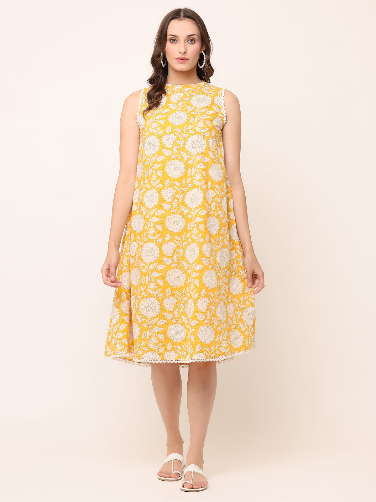 Yellow Hand block Printed Sleeveless Dress