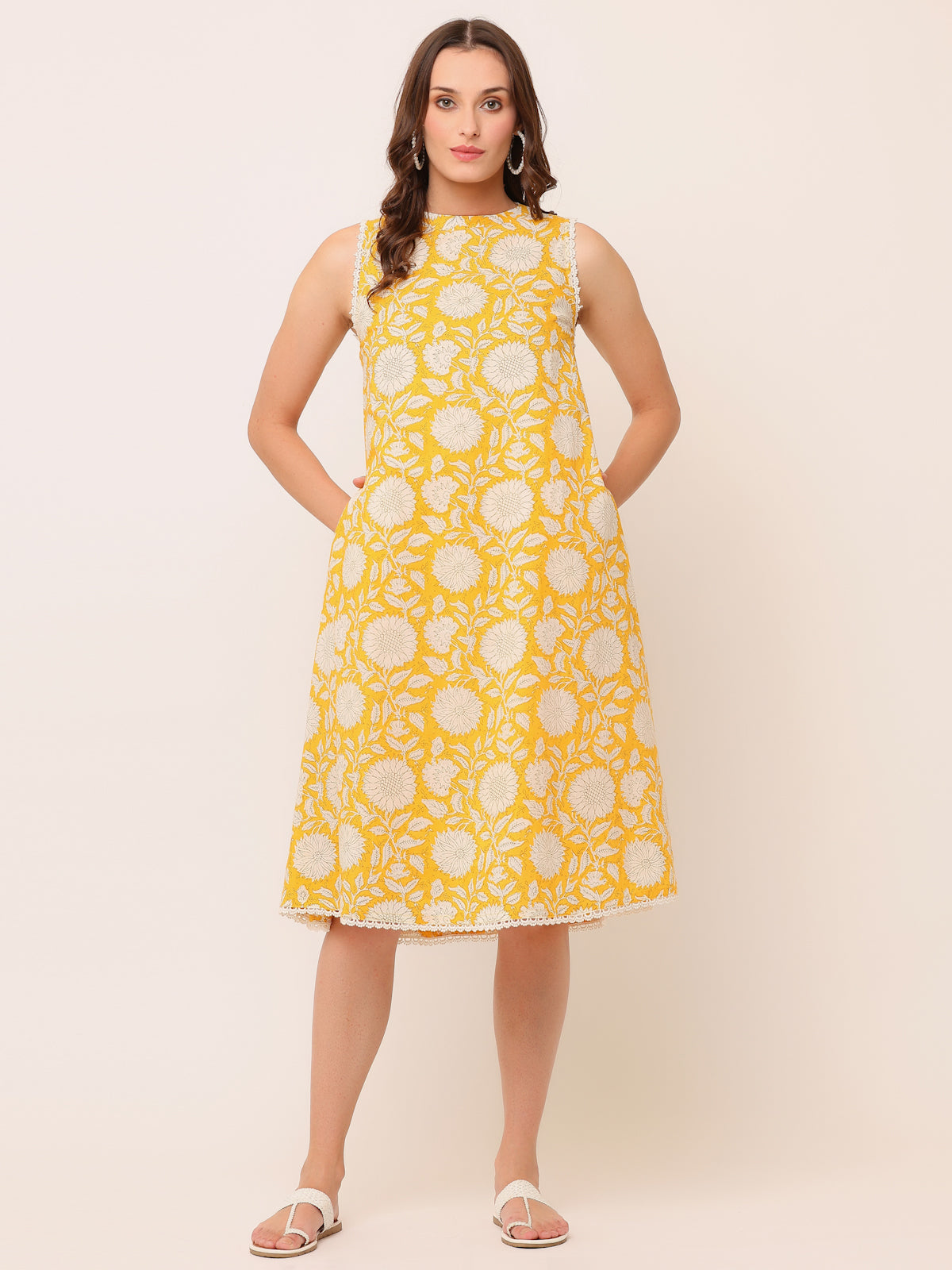 Yellow Hand block Printed Sleeveless Dress