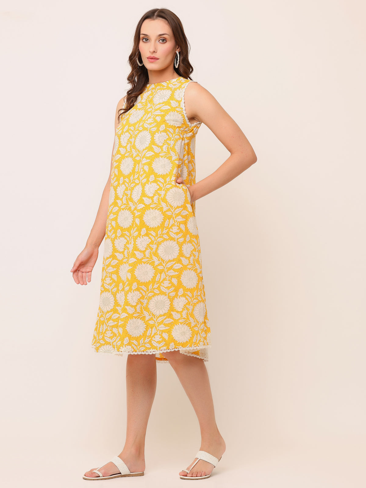 Yellow Hand block Printed Sleeveless Dress