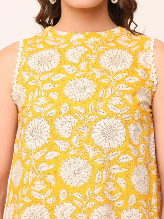 Yellow Hand block Printed Sleeveless Dress