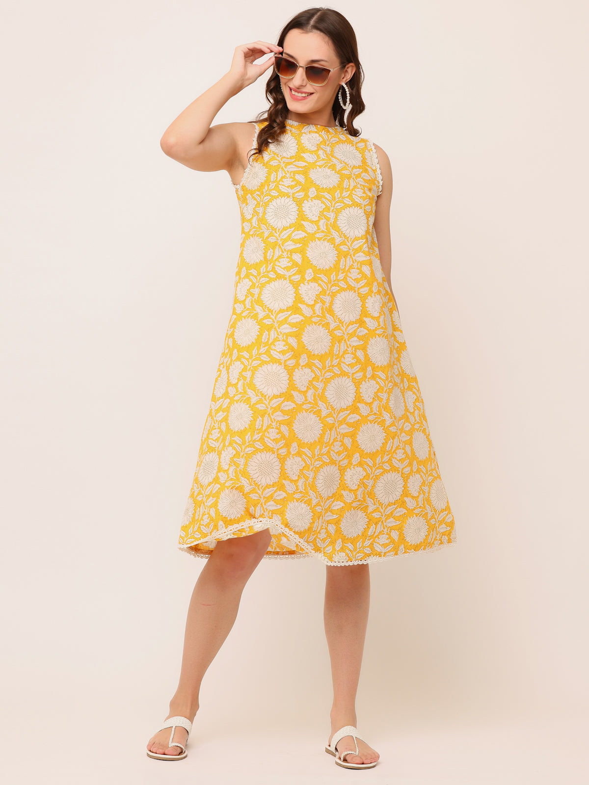 Yellow Hand block Printed Sleeveless Dress