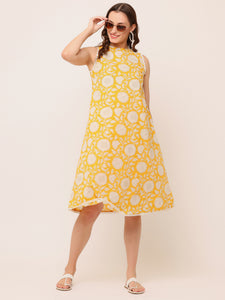 Yellow Hand block Printed Sleeveless Dress
