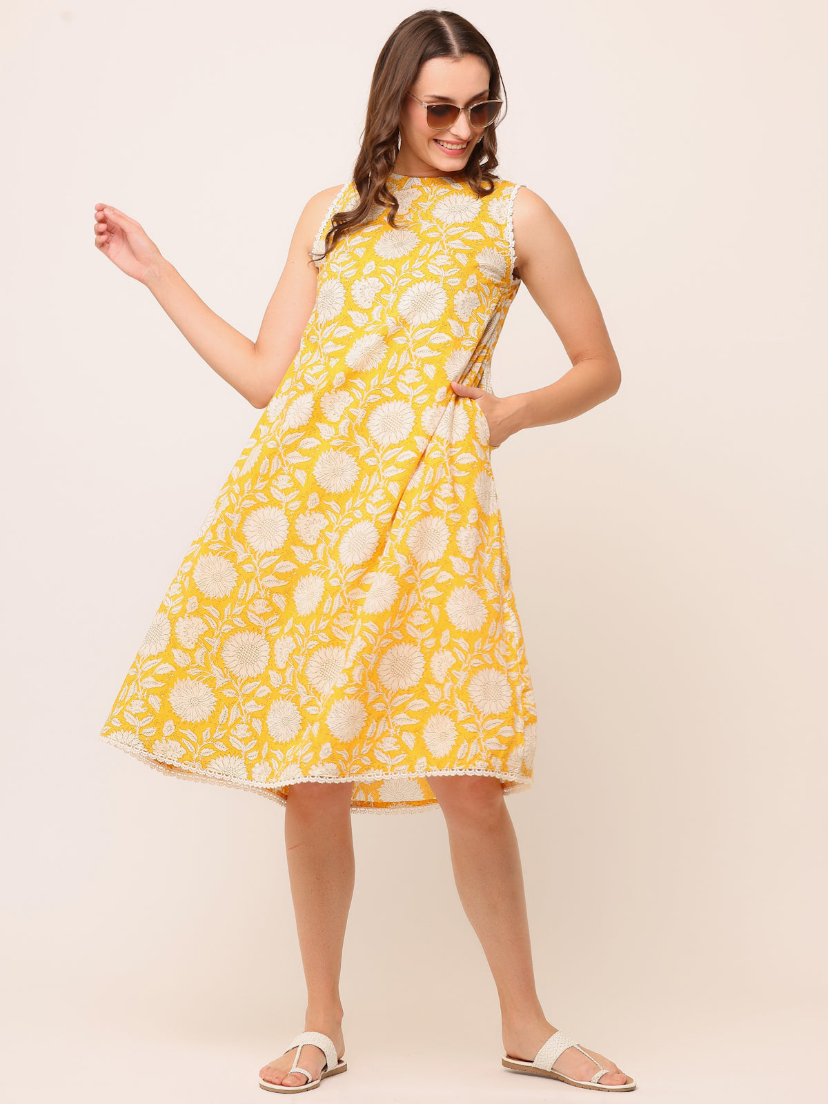 Yellow Hand block Printed Sleeveless Dress