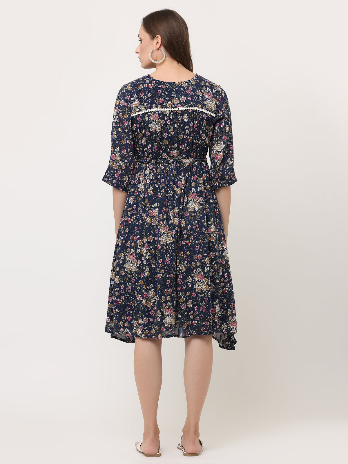 NAVY BLUE FLORAL TIE-UP DRESS