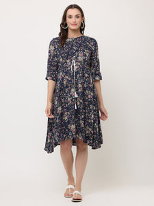 NAVY BLUE FLORAL TIE-UP DRESS