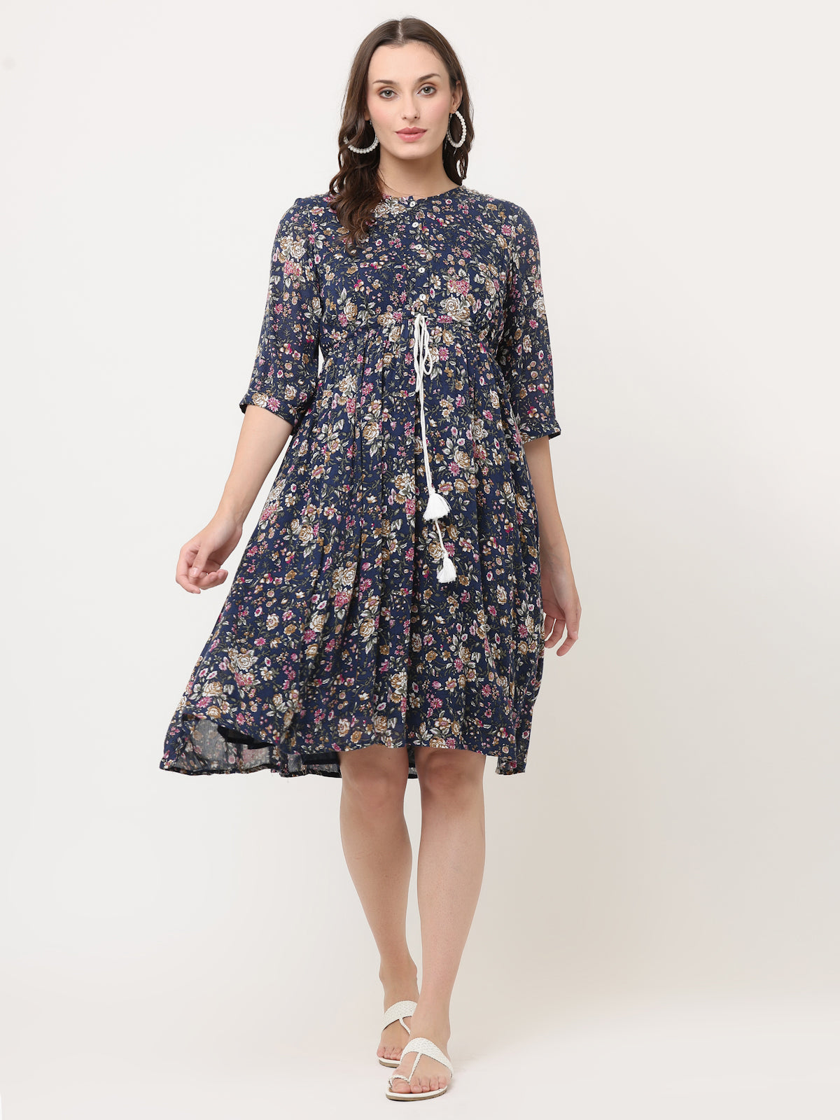 NAVY BLUE FLORAL TIE-UP DRESS