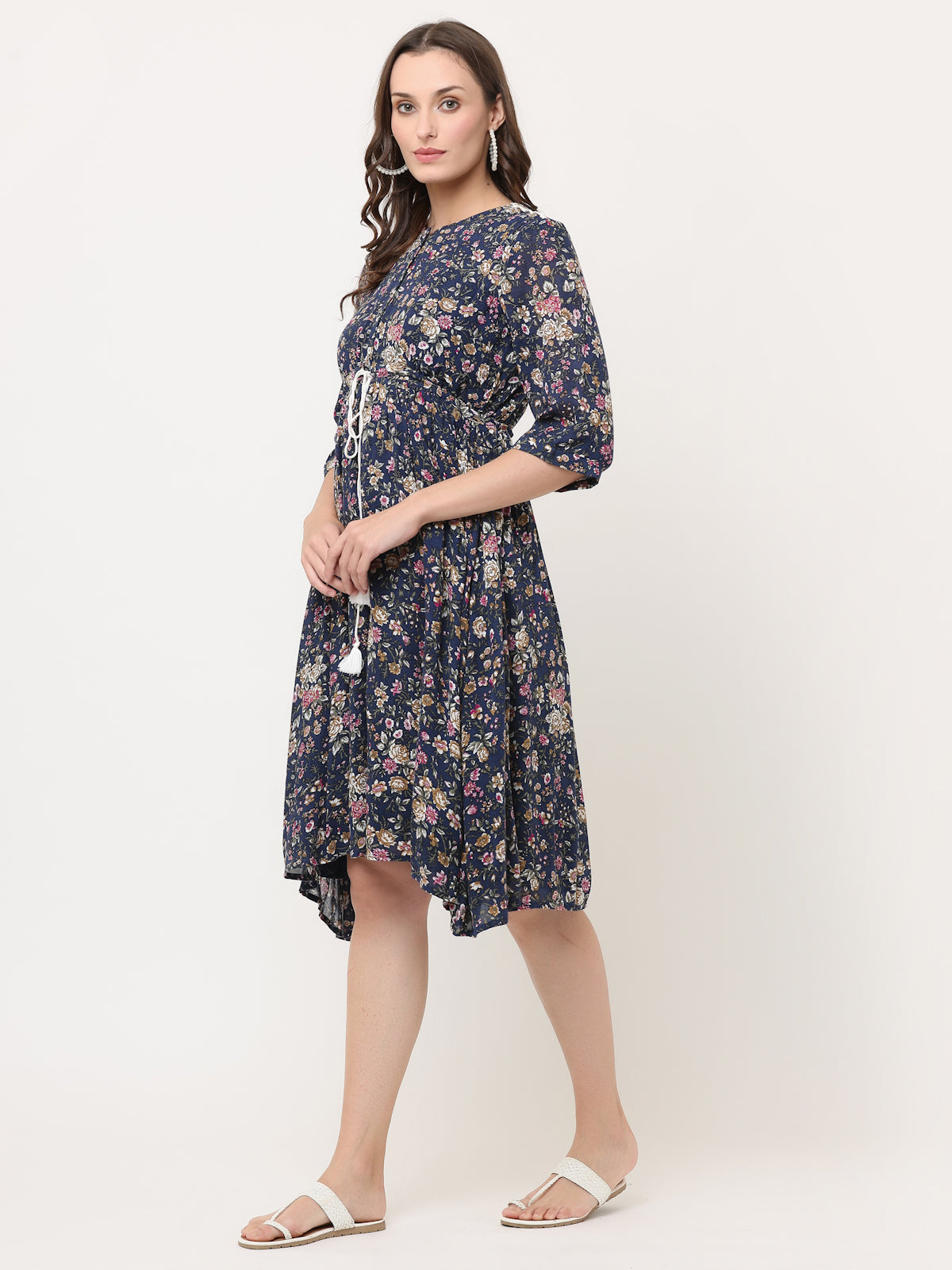 NAVY BLUE FLORAL TIE-UP DRESS