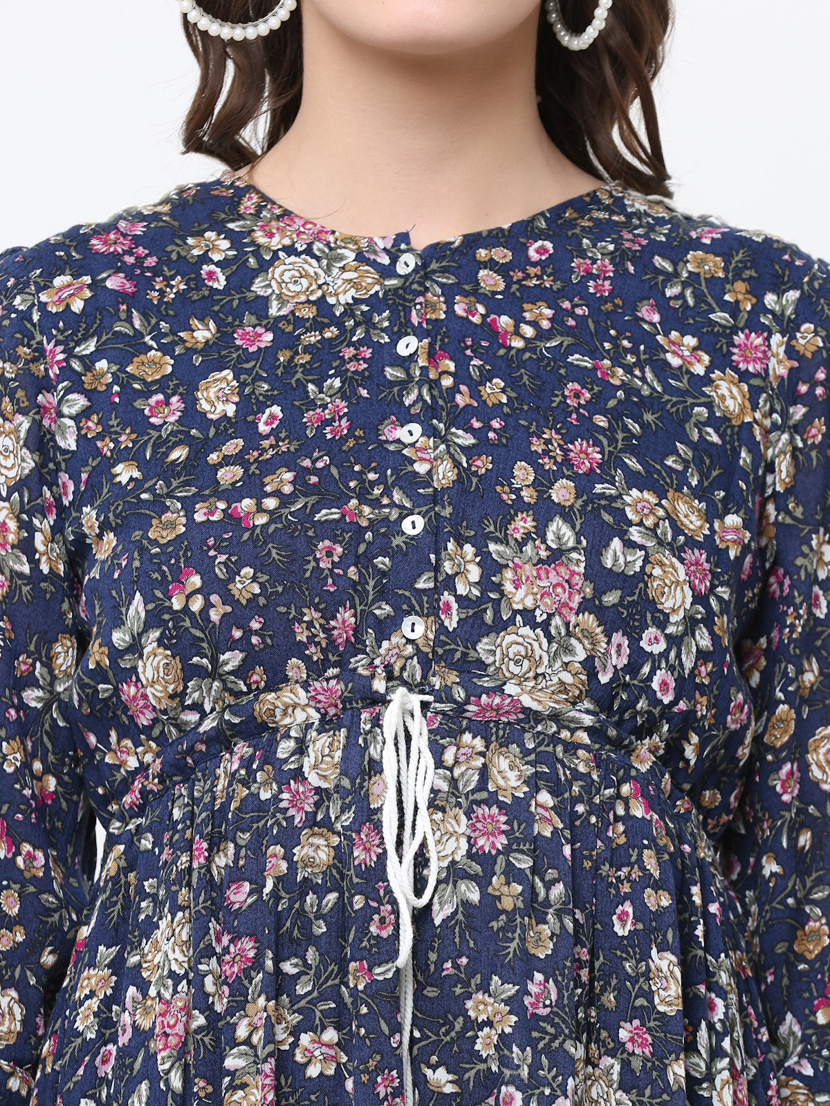 NAVY BLUE FLORAL TIE-UP DRESS