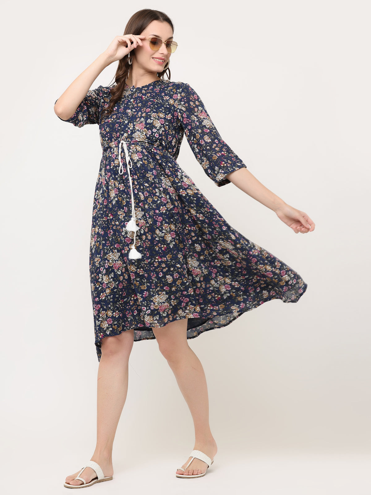 NAVY BLUE FLORAL TIE-UP DRESS