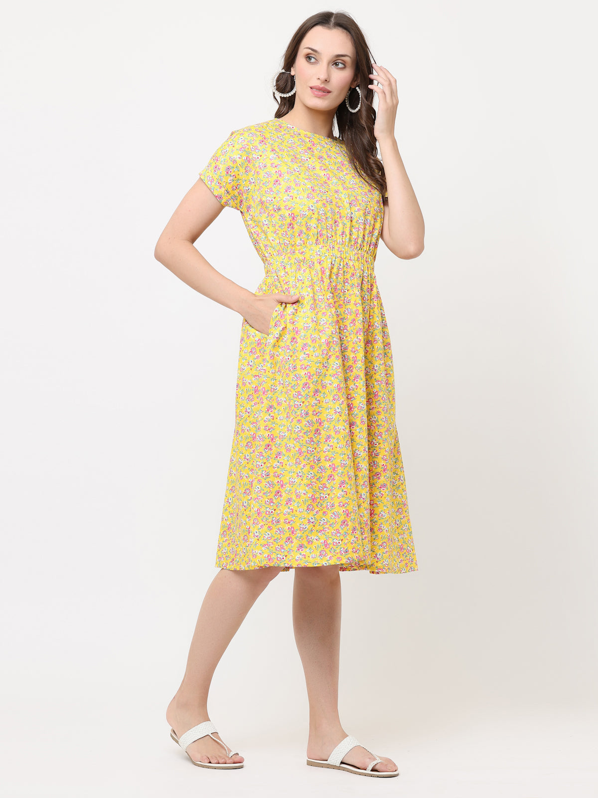 SUNSHINE FLORAL DAY-DRESS WITH ELASTICATED WAIST