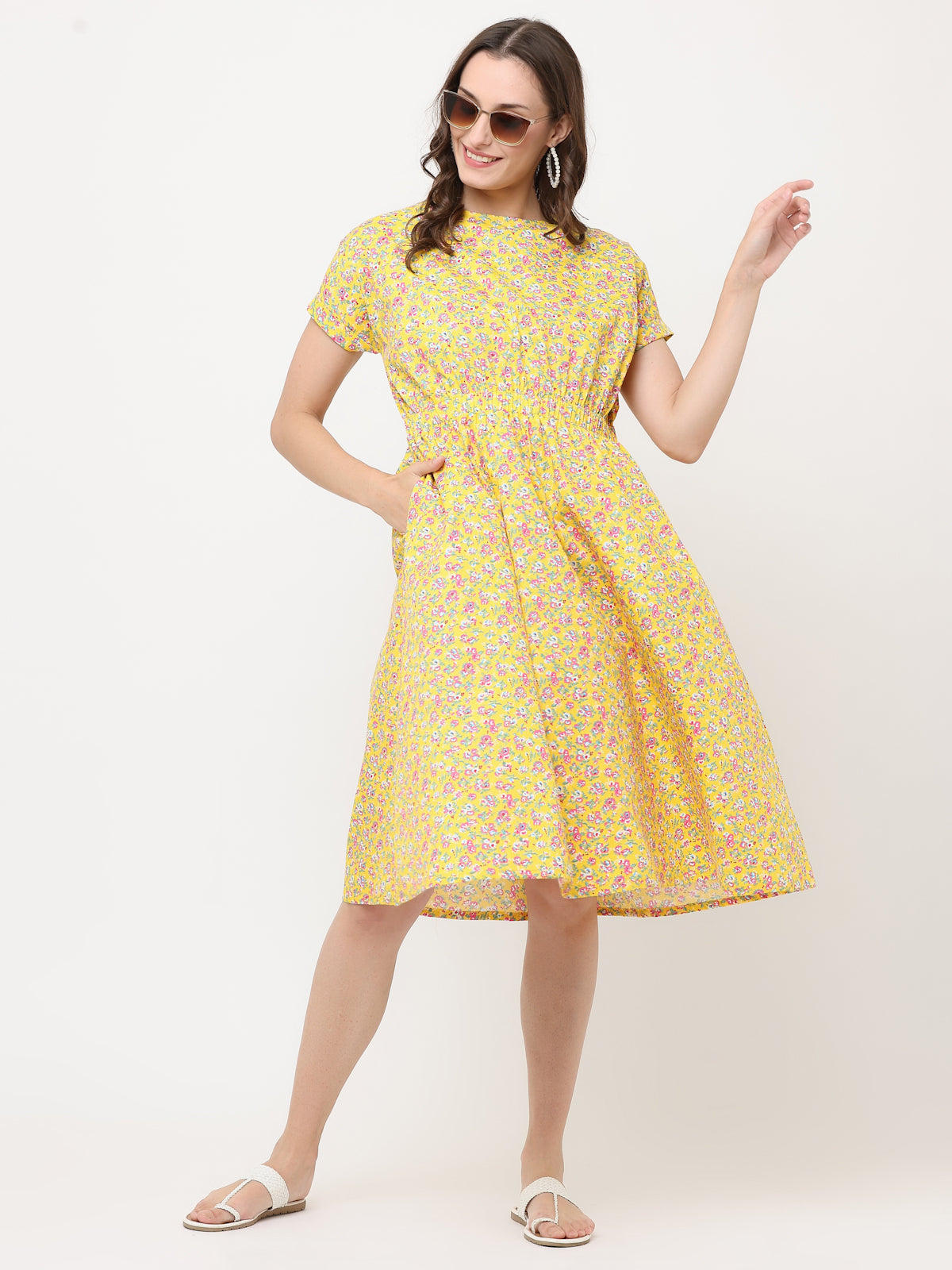 SUNSHINE FLORAL DAY-DRESS WITH ELASTICATED WAIST