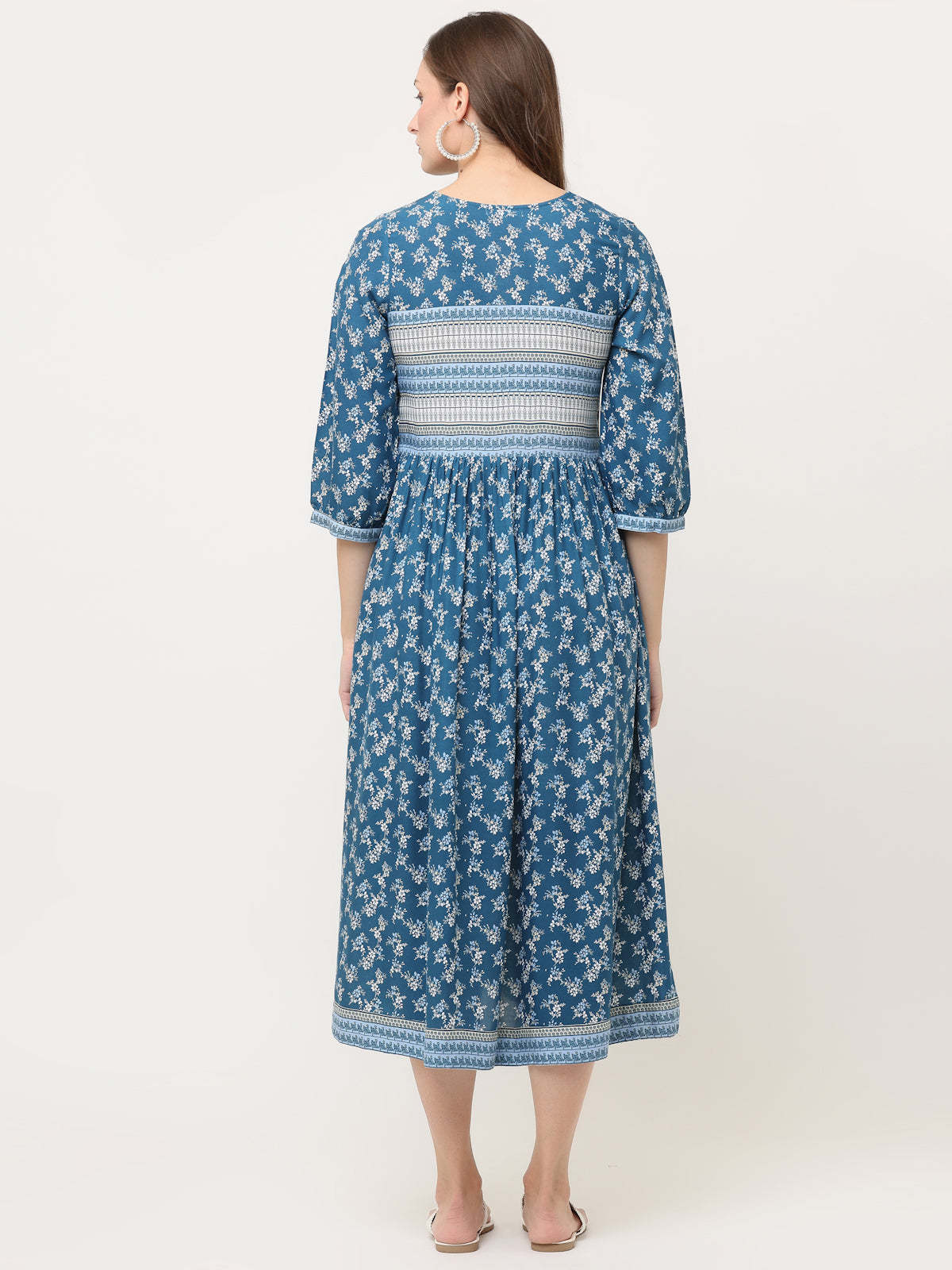 TEAL BLUE FLORAL BORDER DRESS WITH TIE-UPS