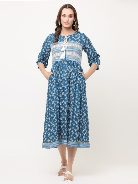 TEAL BLUE FLORAL BORDER DRESS WITH TIE-UPS