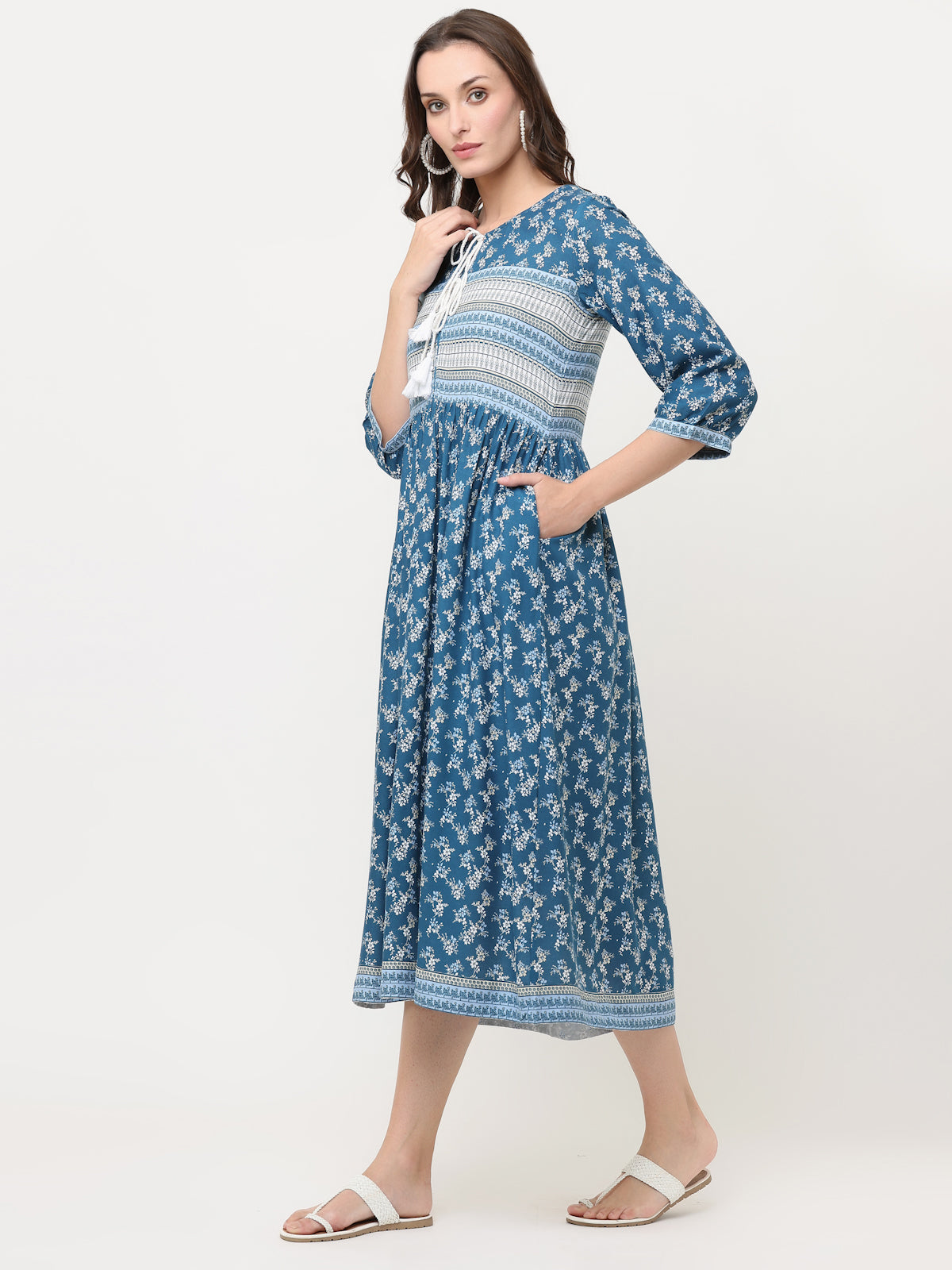 TEAL BLUE FLORAL BORDER DRESS WITH TIE-UPS