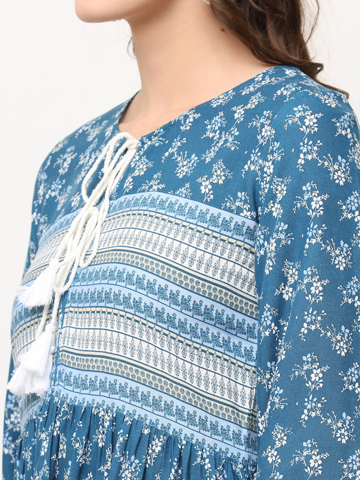 TEAL BLUE FLORAL BORDER DRESS WITH TIE-UPS