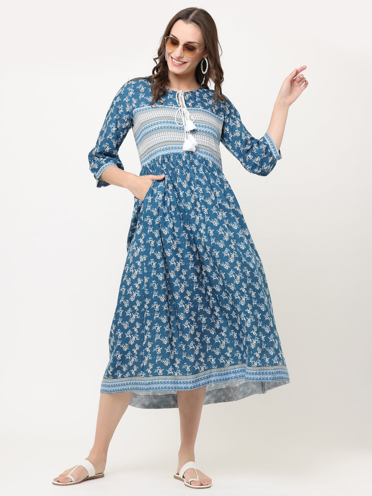 TEAL BLUE FLORAL BORDER DRESS WITH TIE-UPS