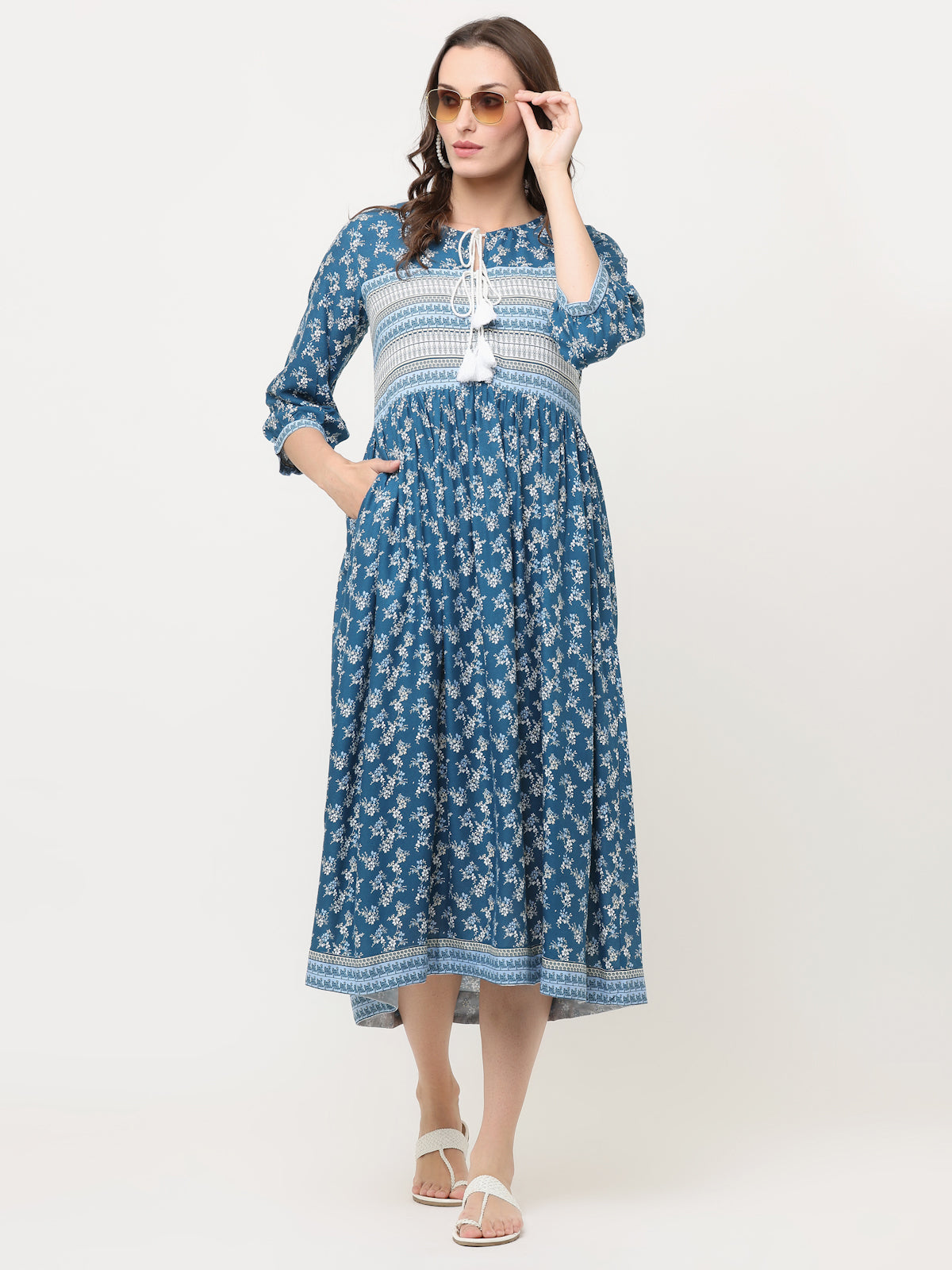 TEAL BLUE FLORAL BORDER DRESS WITH TIE-UPS