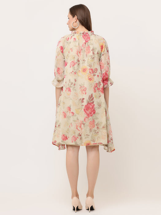 FLORAL GATHERED GEORGETTE DRESS WITH TIE-UPS