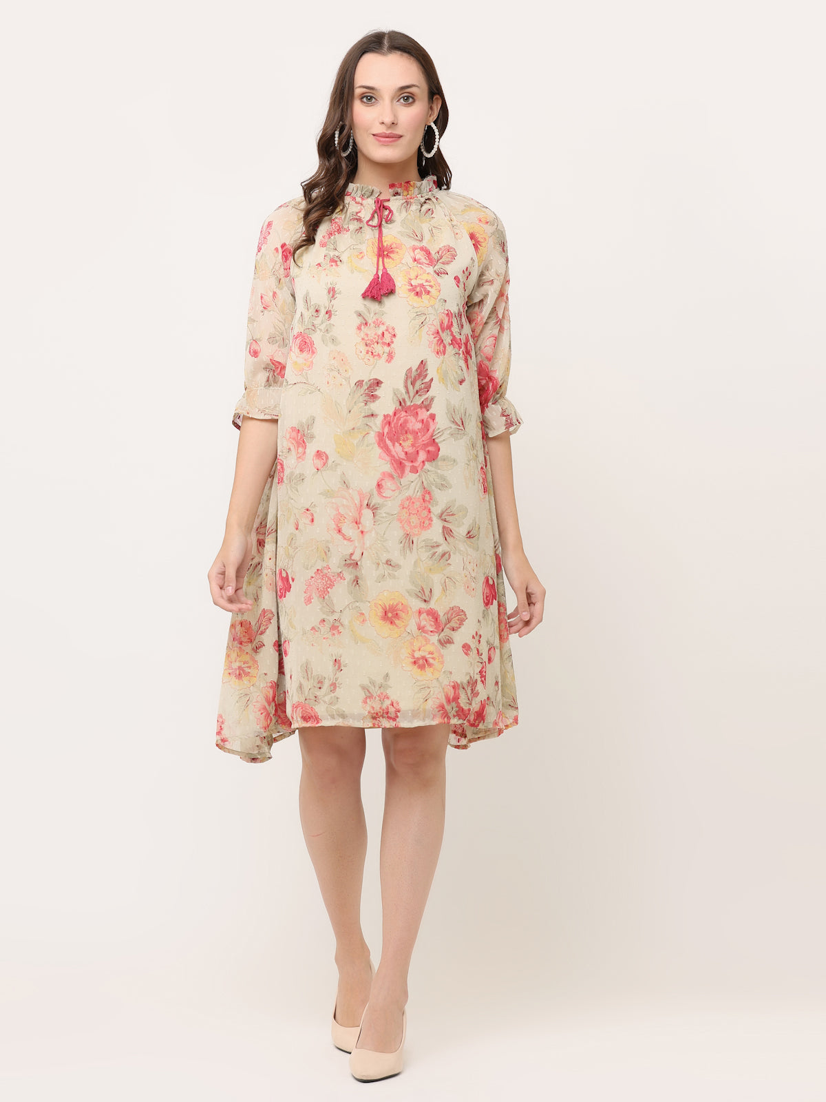 FLORAL GATHERED GEORGETTE DRESS WITH TIE-UPS