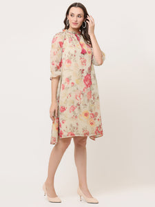 FLORAL GATHERED GEORGETTE DRESS WITH TIE-UPS