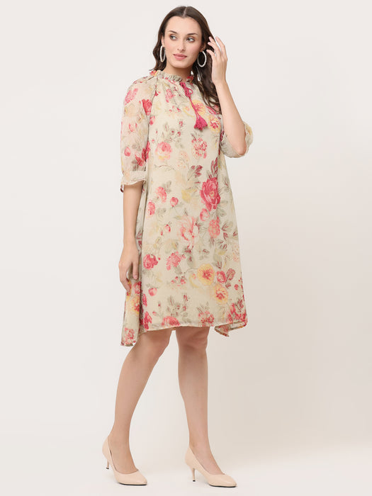 FLORAL GATHERED GEORGETTE DRESS WITH TIE-UPS