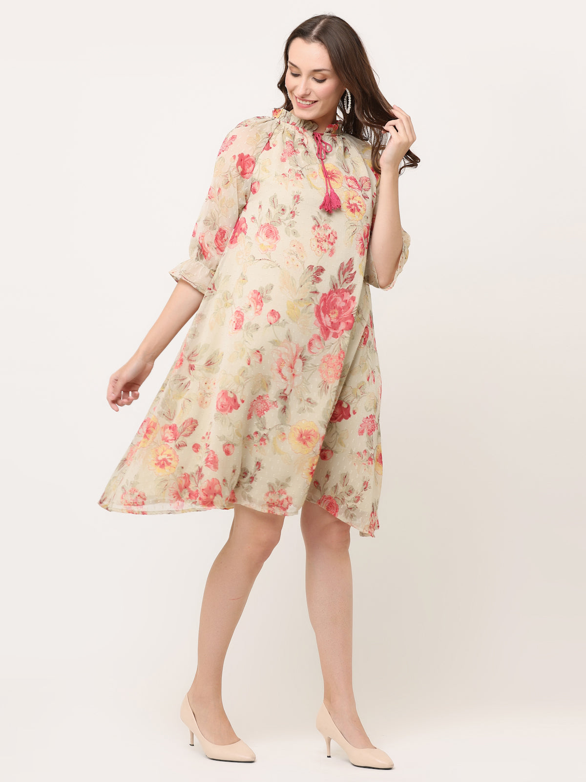 FLORAL GATHERED GEORGETTE DRESS WITH TIE-UPS