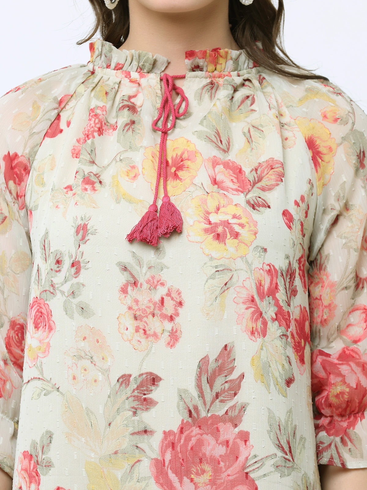 FLORAL GATHERED GEORGETTE DRESS WITH TIE-UPS