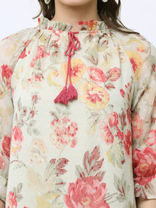 FLORAL GATHERED GEORGETTE DRESS WITH TIE-UPS