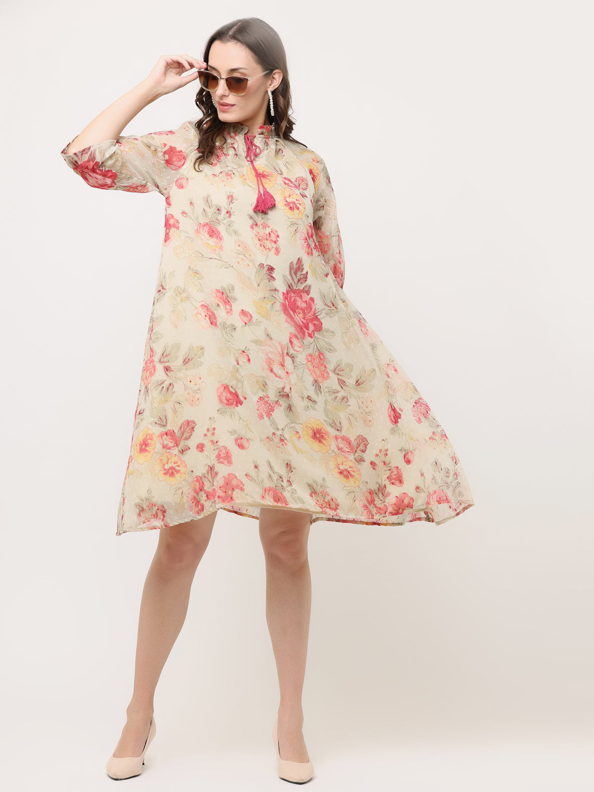 FLORAL GATHERED GEORGETTE DRESS WITH TIE-UPS