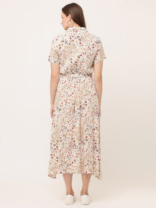 OFF-WHITE FLORAL LONG SHIRT DRESS WITH TIE BELT