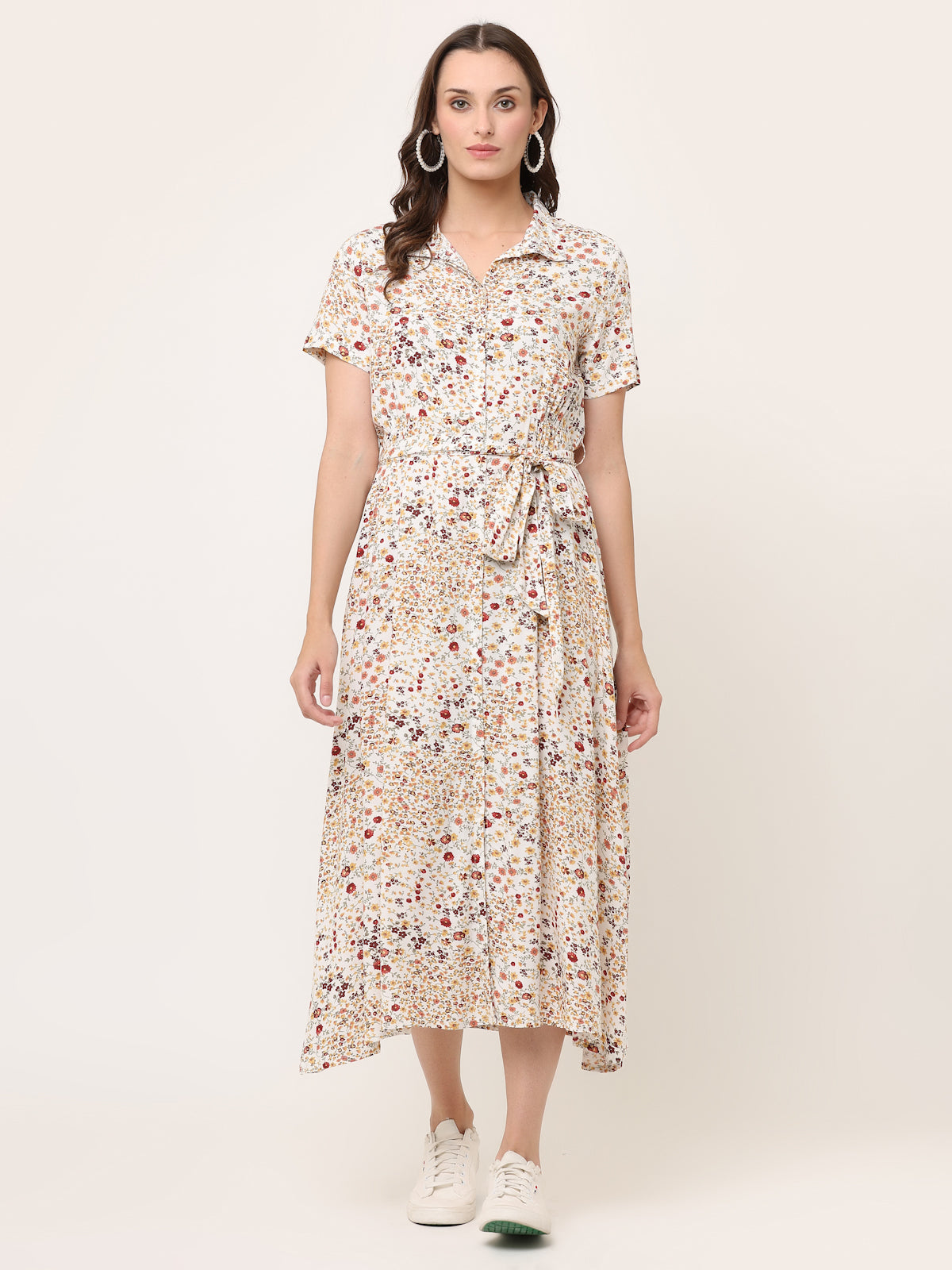 OFF-WHITE FLORAL LONG SHIRT DRESS WITH TIE BELT
