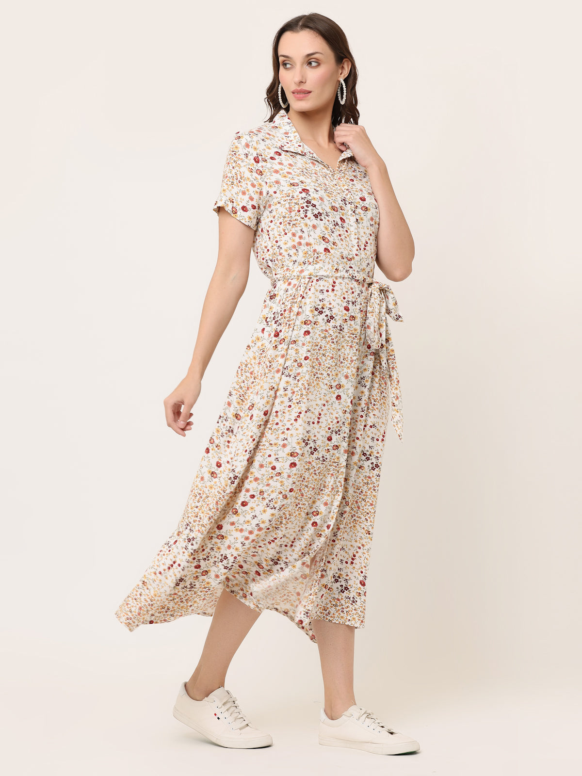 OFF-WHITE FLORAL LONG SHIRT DRESS WITH TIE BELT