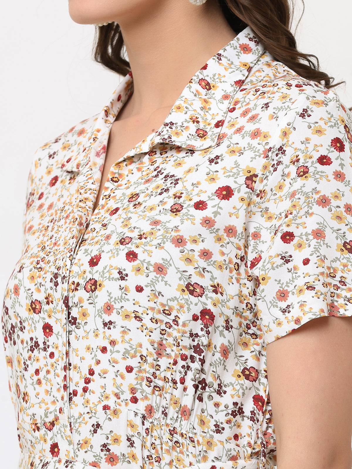 OFF-WHITE FLORAL LONG SHIRT DRESS WITH TIE BELT