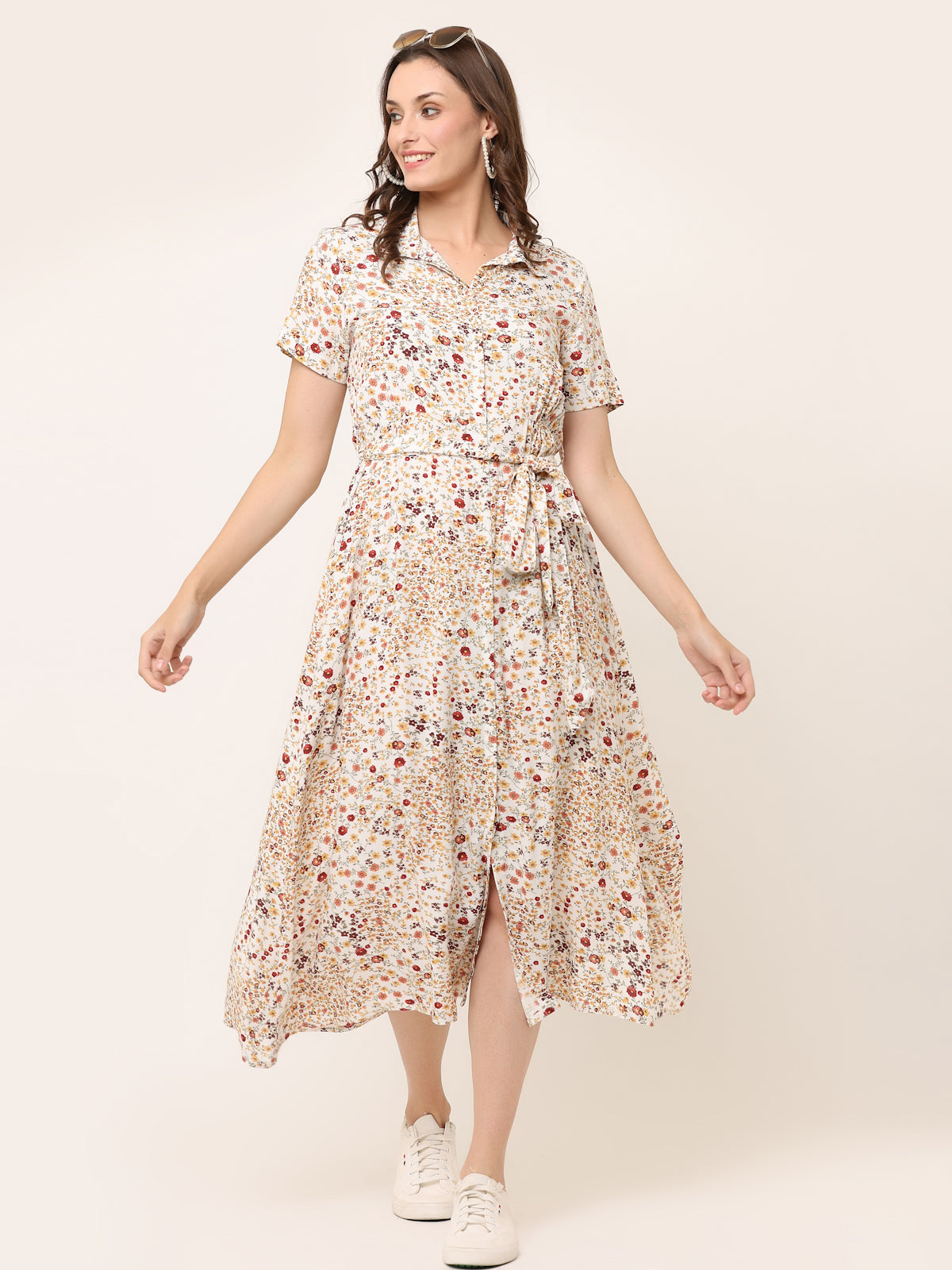 OFF-WHITE FLORAL LONG SHIRT DRESS WITH TIE BELT