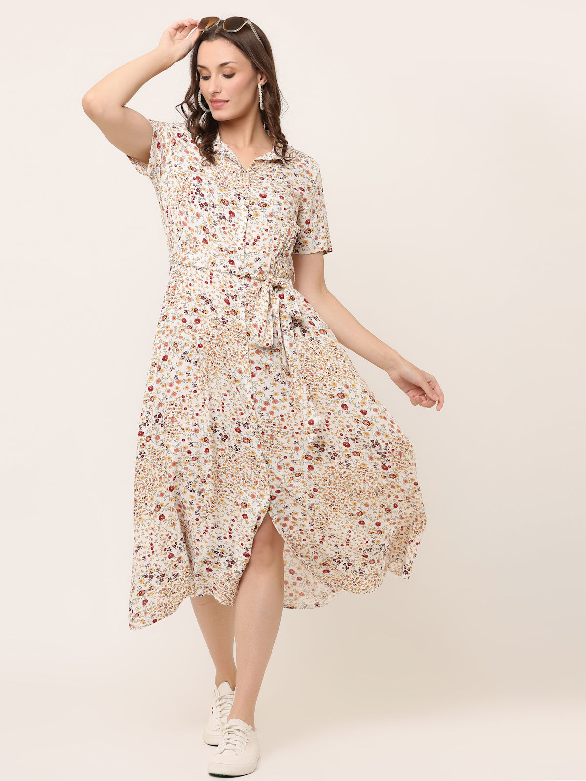 OFF-WHITE FLORAL LONG SHIRT DRESS WITH TIE BELT