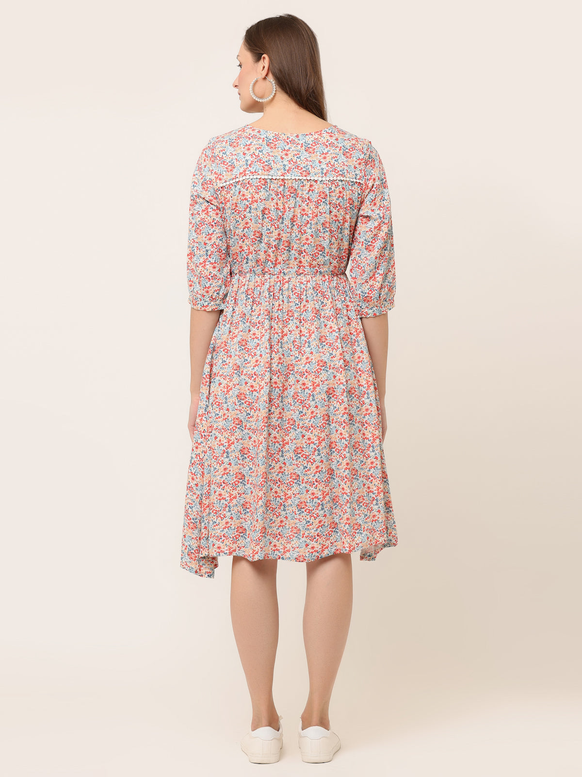 OFF-WHITE FLORAL WAIST TIE-UP DRESS