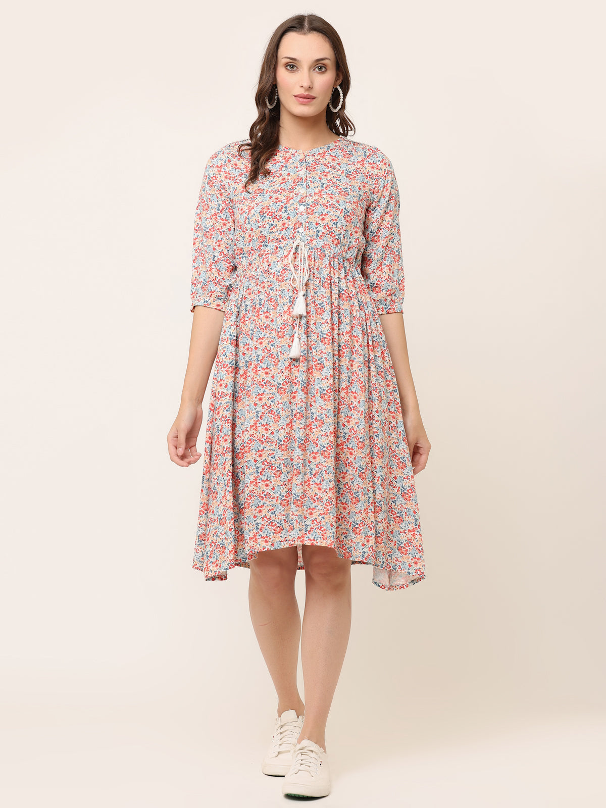 OFF-WHITE FLORAL WAIST TIE-UP DRESS