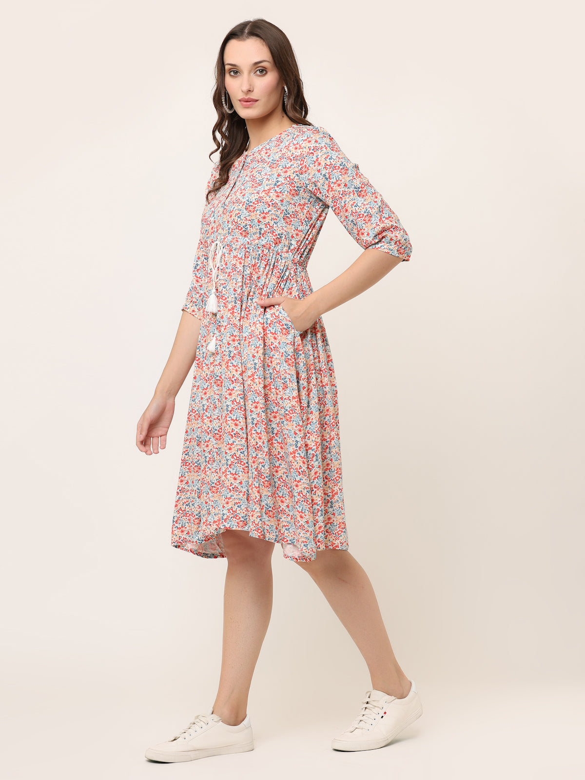 OFF-WHITE FLORAL WAIST TIE-UP DRESS