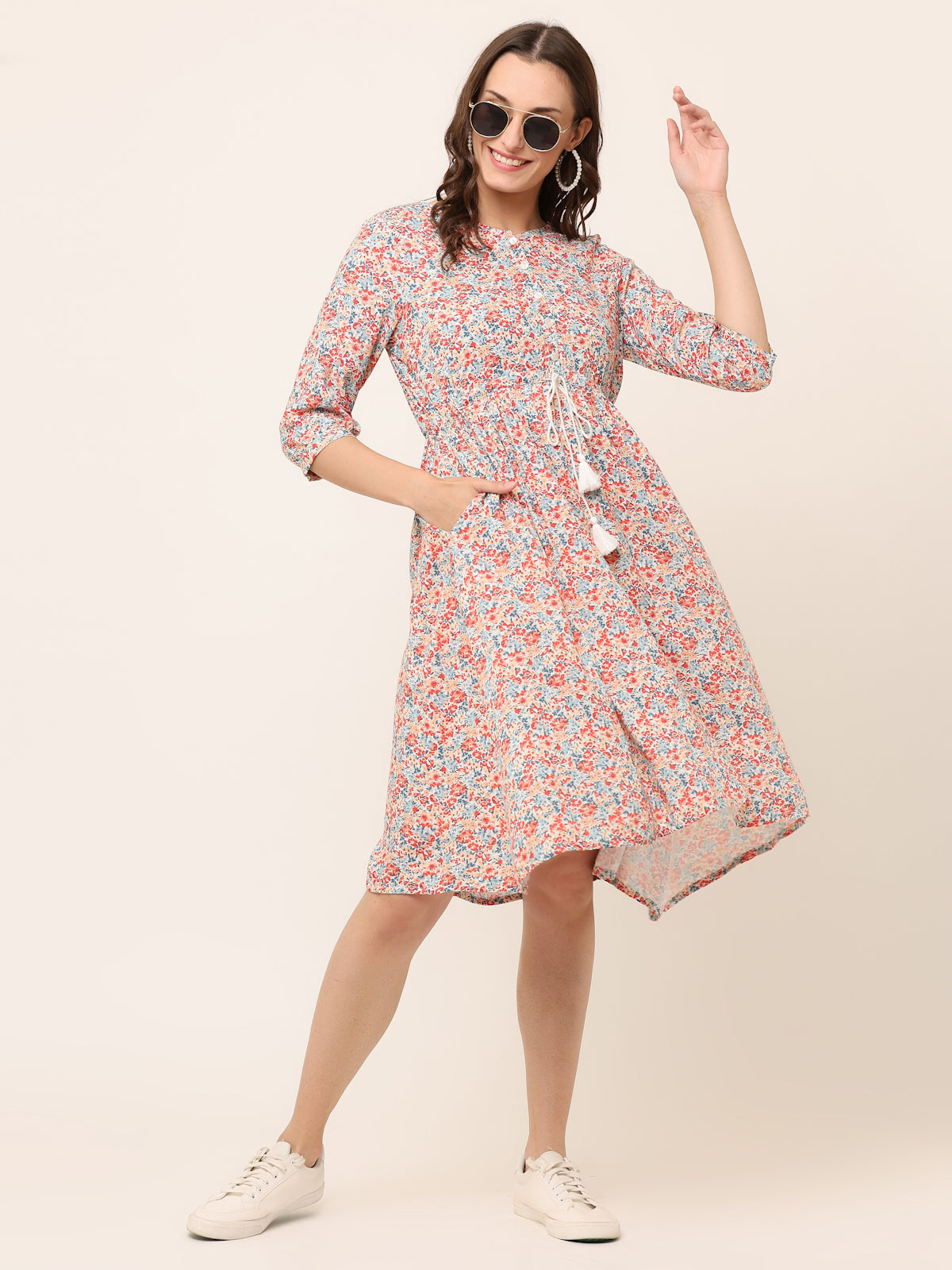 OFF-WHITE FLORAL WAIST TIE-UP DRESS