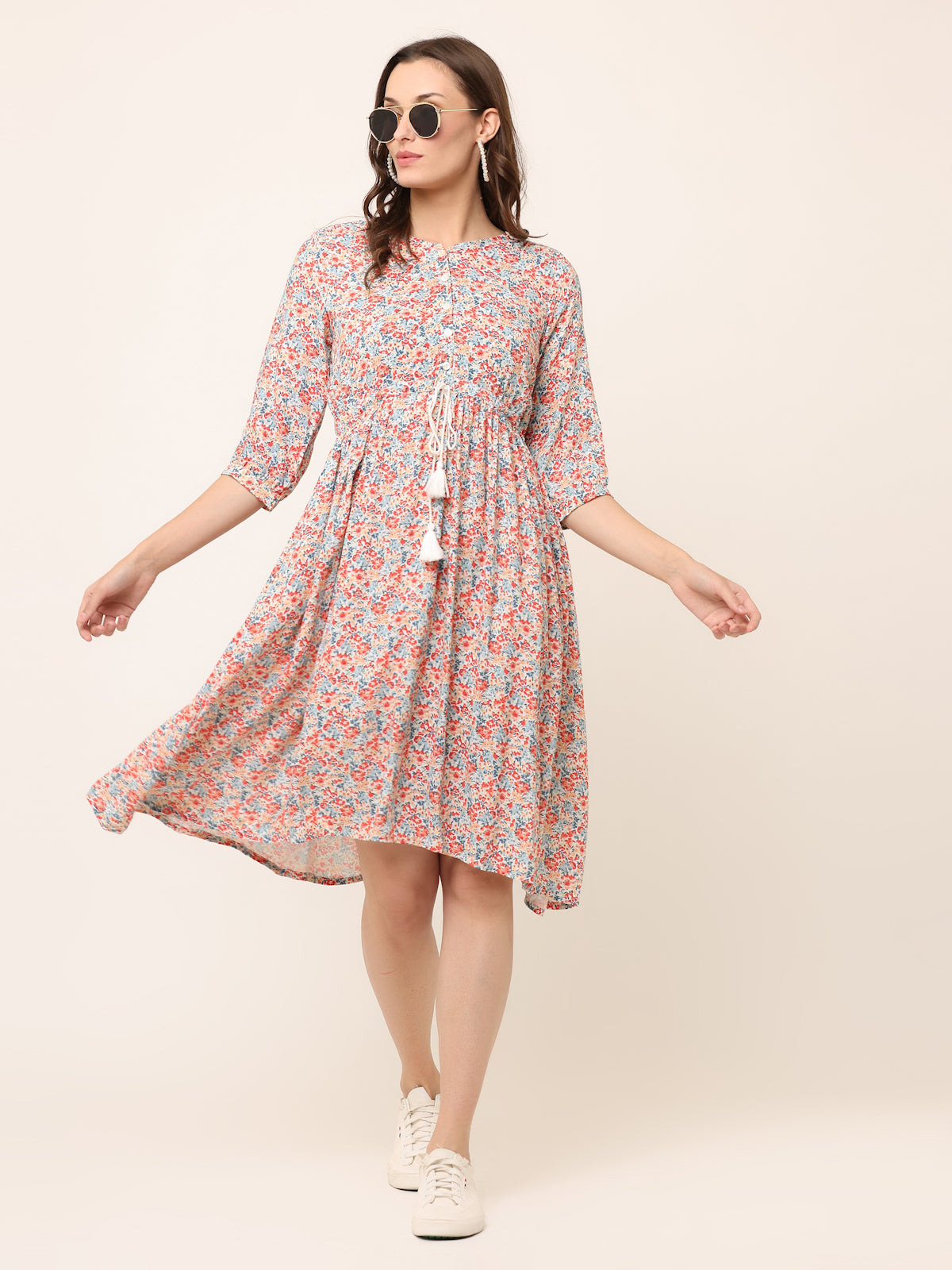 OFF-WHITE FLORAL WAIST TIE-UP DRESS